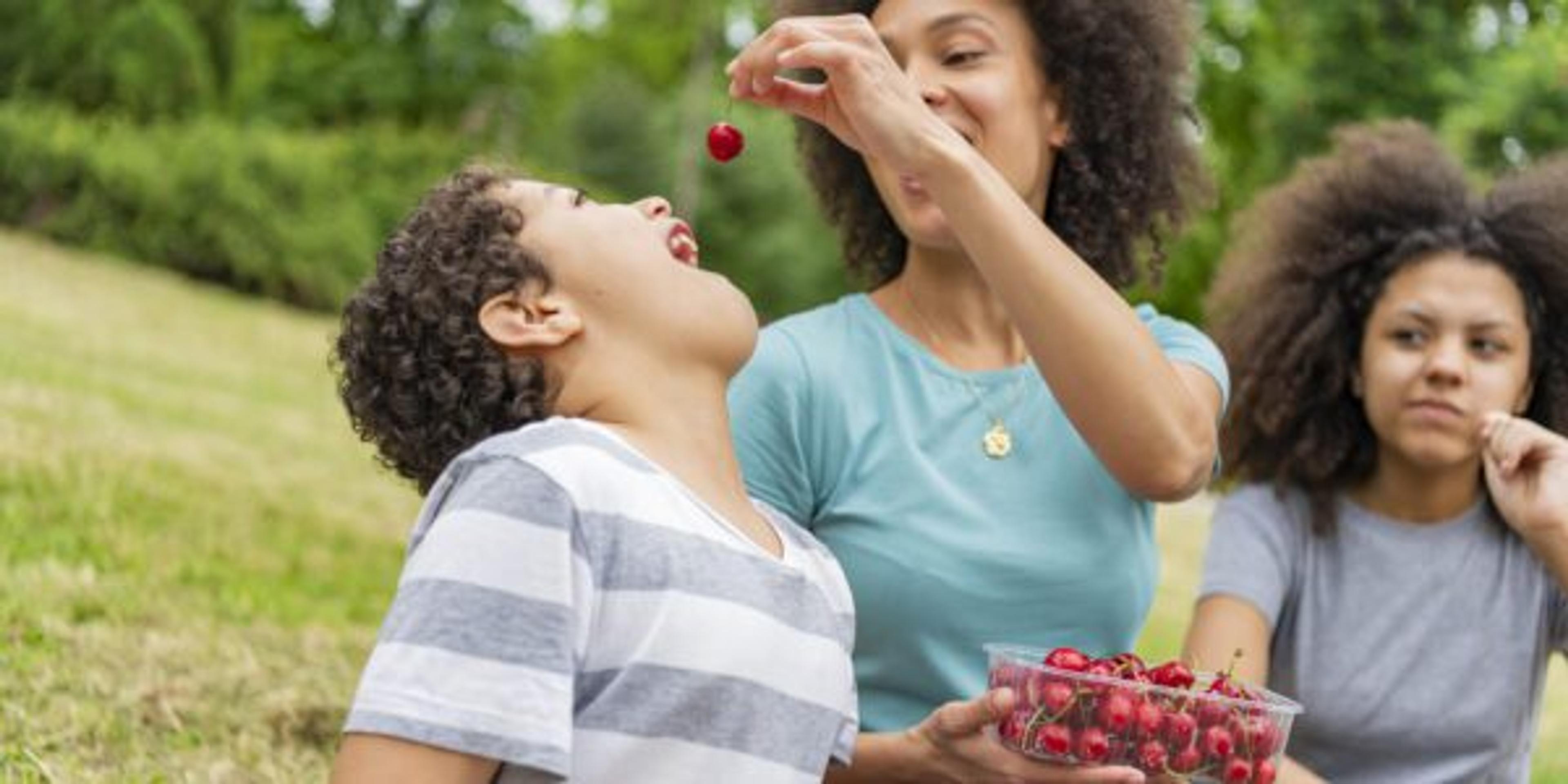 Happy African-American Family is Having a Picnic in a Park and Eating Sweet Cherries.